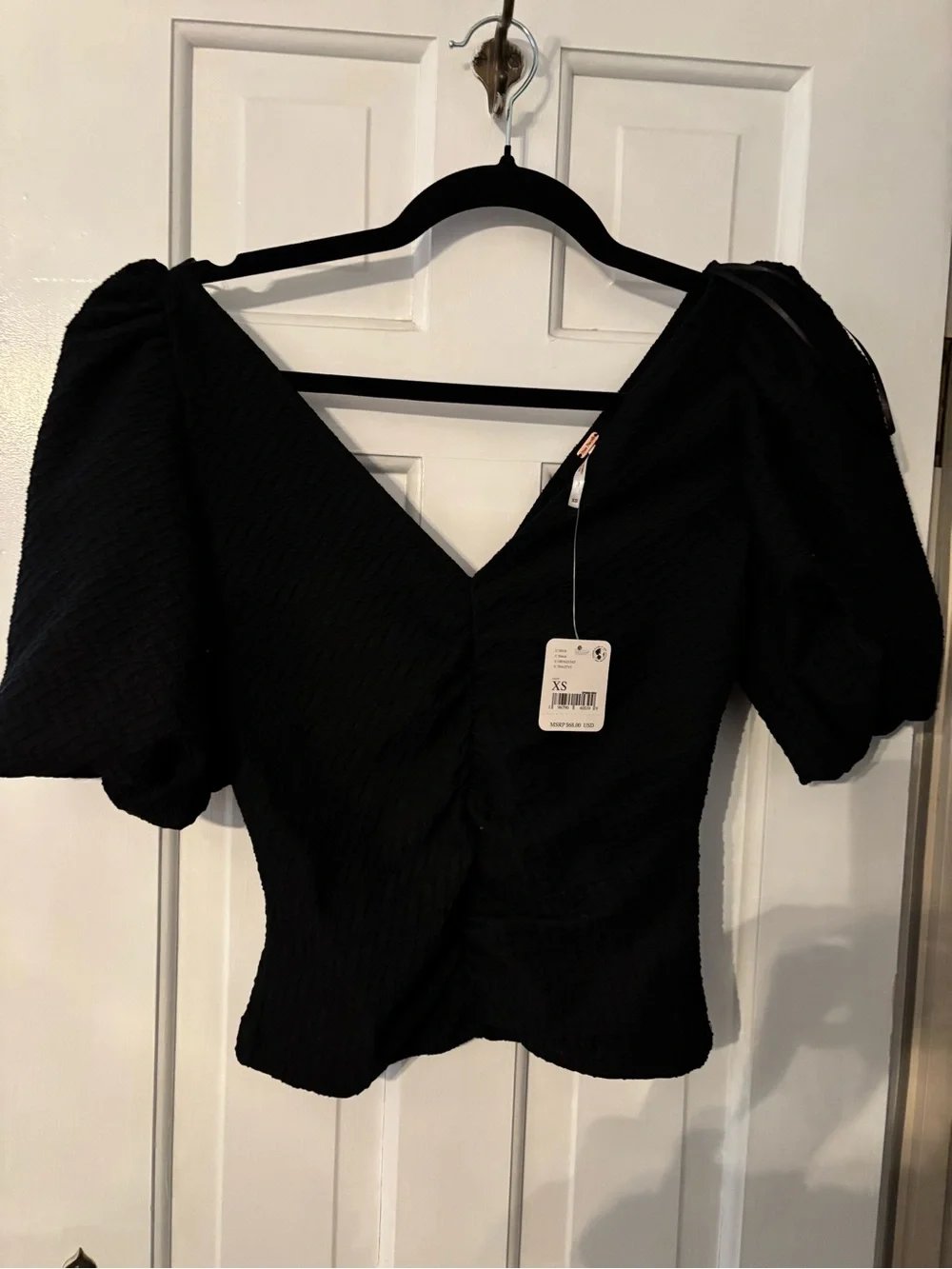 Free People Black Puff-Sleeve V-Neck Top